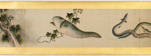 Yksityiskohta käsirullasta erilaisilla kuvilla, Edo-kausi, 1839 muste ja väri paperille tekijältä Katsushika Hokusai