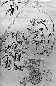 Ebisu ja Daikoku juhlivat uudenvuodenjuhlaa, 1700-1800-luku. tekijältä Katsushika Hokusai