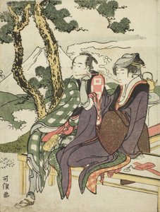 Evening Glow for Date no Yosaku ja Seki no Koman, nimettömästä sarjasta, joka tunnetaan nimellä Eight Views of Tragic Lovers tekijältä Katsushika Hokusai