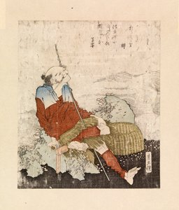 Kalastaja tupakoi virran rannalla, n.1835 (värillinen puupiirros) tekijältä Katsushika Hokusai