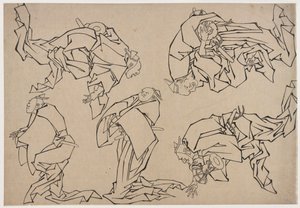Viisi muusikkoa soittamassa rumpuja, 1700-luvun loppu - 1800-luvun alku. tekijältä Katsushika Hokusai