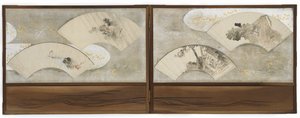 Neljä fanimaalausta: "Sammakko lootuslehdellä", "Scholar in a House", "Maisema" ja "Boat and Rock", Edo-kausi (muste ja väri paperille) tekijältä Katsushika Hokusai