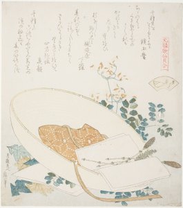 Juuri poimittuja kukkia matkustajan hatussa, kuvitus elokuvalle The Thousand-grasses Shell (Chigusagai), sarjasta "A Matching Game with Genroku-period Poem Shells (Genroku kasen kai awase)" tekijältä Katsushika Hokusai