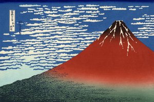 Fuji, Vuoria kirkkaalla säällä, "36 Views of Mount Fuji", pubista. 1831 tekijältä Katsushika Hokusai