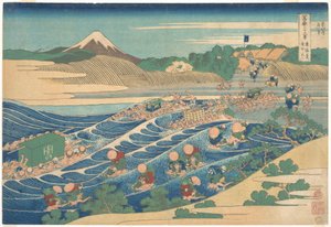 Fuji nähtynä Kanayasta Tōkaidō-tiellä (Tōkaidō Kanaya no Fuji), sarjasta ”36 näkymää Fuji-vuoresta” (Fugaku sanjūrokkei) tekijältä Katsushika Hokusai