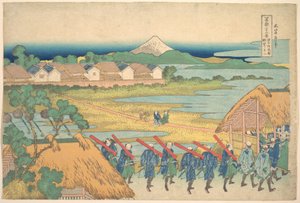 Fuji kaukaa katsottuna Senjun viihdealueelta (Senju kagai yori chōbō no Fuji), sarjasta ”36 näkymää Fuji-vuoresta” (Fugaku sanjūrokkei) tekijältä Katsushika Hokusai