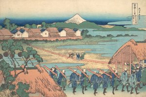 Fuji Senjun asema Senjun varastorakennuksesta. . . , hyttynen. 1830-32. tekijältä Katsushika Hokusai