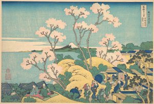 Fuji Gotenyamasta Tōkaidō-tiellä Shinagawassa (Tōkaidō Shinagawa Gotenyama no Fuji), sarjasta ”36 näkymää Fuji-vuoresta” (Fugaku sanjūrokkei) tekijältä Katsushika Hokusai