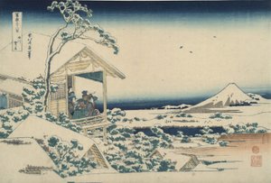 Fuji Koishikawasta lumisena aamuna, sarjasta ”36 näkymää Fuji-vuorelta” tekijältä Katsushika Hokusai