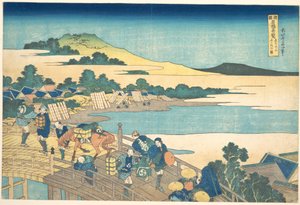 Fukui-silta Echizenin maakunnassa (Echizen Fukui no hashi), teoksesta ”Merkittäviä näkymiä siltoista eri maakunnissa” (Shokoku meikyō kiran) tekijältä Katsushika Hokusai