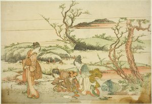 Keräämässä kevätvihreitä albumilta "Fuji in Spring (Haru no Fuji)" tekijältä Katsushika Hokusai