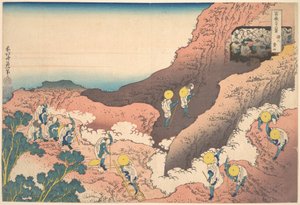 Vuorikiipeilijöiden ryhmiä (Shojin tozan), sarjasta ”Fuji-vuoren 36 näkymää” (Fugaku sanjūrokkei) tekijältä Katsushika Hokusai