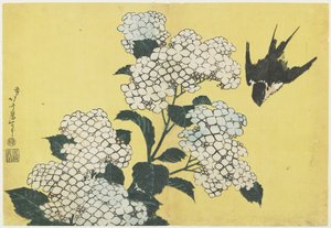 Hortensia ja pääskynen, n. 1832 tekijältä Katsushika Hokusai