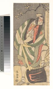 Ichikawa Ebizō (V. Danjūrō)  Mongaku Shoninin roolissa, joka on naamioitunut Yamagatsuksi näytelmässä *Kin no Menuki Minamotoya Kakutsuba* tekijältä Katsushika Hokusai