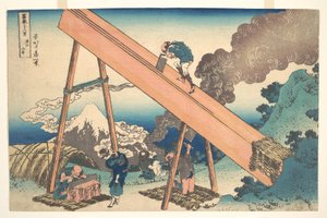 Tōtomin maakunnan vuoristossa (Tōtomi sanchū), sarjasta ”Fuji-vuoren 36 näkymää” (Fugaku sanjūrokkei) tekijältä Katsushika Hokusai