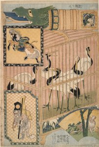 Japanilainen häkki ja mantšurialaiset nosturit sarjasta Mainosjättiläiset olkityöt reilussa nähtävyyskohteessa tekijältä Katsushika Hokusai