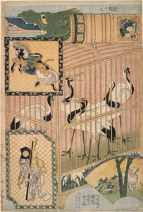 Japanilaiset ja manchurialaiset kurjet, sarjasta ”Jättimäiset olkityöt huvipuiston nähtävyydeksi” tekijältä Katsushika Hokusai