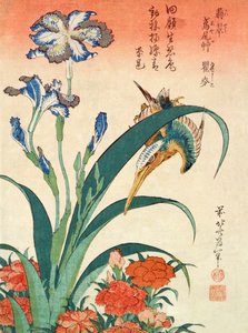 Kuningaskalastaja, iiris ja pinkit, julkaissut Nishimura Eijudo, n.1832, yksi kymmenestä vedoksesta, (chuban-koko, värillinen puupiirros). tekijältä Katsushika Hokusai