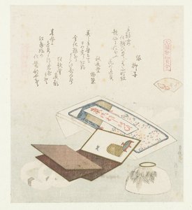 Kuoren väri Irogai (otsikko esineessä) Genroku-runojen ja kuorien vertailu (sarjan nimi) Genroku kasen kaiawase (sarjan nimi esineellä) tekijältä Katsushika Hokusai