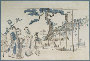 Naiset vierailevat Wisteria Gardensissa Kameidossa (puupainatus) tekijältä Katsushika Hokusai