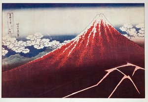 Salama Fujiyama-vuorella ... (värillinen puupiirros) tekijältä Katsushika Hokusai