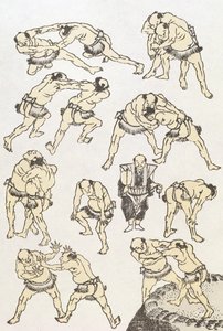 Manga: tutkimuksia painijoiden eleistä ja asennoista, pubi. 1849, (värillinen puupainatus) tekijältä Katsushika Hokusai