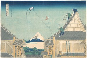 Mitsui-kauppa Surugachōssa Edossa (Edo Surugachō Mitsui mise ryaku zu), teoksesta ”Fuji-vuoren 36 näkymää” (Fugaku sanjūrokkei) tekijältä Katsushika Hokusai