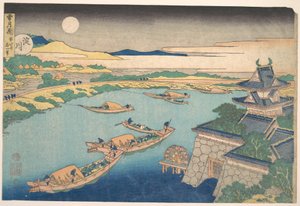 Kuunvalo Yodo-joella (Yodogawa), sarjasta ”Lumi, kuu ja kukat” (Setsugekka) tekijältä Katsushika Hokusai