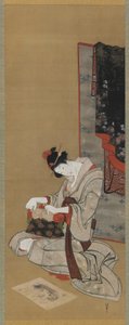 New Year Custom: Meikki uudenvuoden aamuna, Edo-kausi, n. 1806-111 (muste ja väri silkillä) tekijältä Katsushika Hokusai