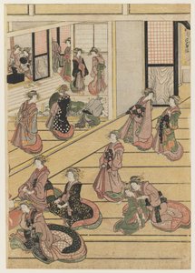 Uudenvuodenpäivät Teahouse Ogi-yassa. c.1810 (värillinen puupainatus) (katso sarja 277795-277797) tekijältä Katsushika Hokusai