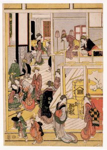 Teahouse Ogi-yan uudenvuodenpäivät, n. 1810 (puupalikoita) (katso myös 406534, 406535 ja 406536) tekijältä Katsushika Hokusai