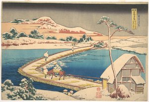 Vanha näkymä Sanon venesillasta Kōzuken maakunnassa (Kōzuke Sano funabashi no kozu), teoksesta ”Merkittäviä näkymiä siltoista eri maakunnissa” (Shokoku meikyō kiran) tekijältä Katsushika Hokusai