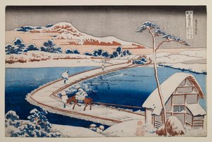 Vanha näkymä Sanon ponttonisillasta Kōzuken maakunnassa, sarjasta ”Merkittäviä näkymiä siltoihin eri maakunnissa” tekijältä Katsushika Hokusai