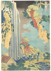 Ono-vesiputous Kisokaidōlla (Kisokaidō Ono no bakufu), sarjasta ”Kierros eri maakuntien vesiputouksilla” (Shokoku taki meguri) tekijältä Katsushika Hokusai