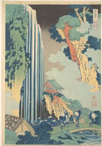 Ono-vesiputous Kisokaidōlla (Kisokaidō Ono no bakufu), teoksesta ”Kierros eri maakuntien vesiputouksilla” (Shokoku taki meguri) tekijältä Katsushika Hokusai