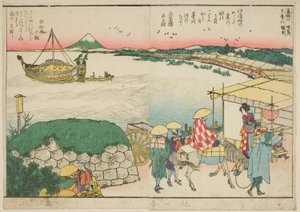 Sivuja kuvitetusta kirjasta "Panoramic näköalat Sumida-joen rannoille (Ehon Sumidagawa ryogan ichiran)" tekijältä Katsushika Hokusai