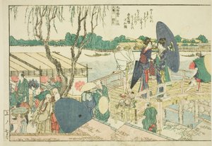 Sivut kuvitetusta kirjasta "Panoraamanäkymät Sumida-joen rannoilla (Ehon Sumidagawa ryogan ichiran)" tekijältä Katsushika Hokusai