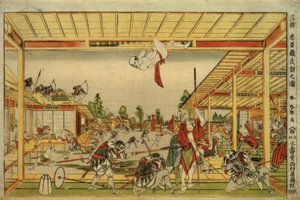 Perspektivbild des Nachtangriffs der 47 treuen Vasallen tekijältä Katsushika Hokusai