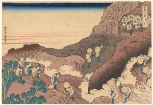 ”Huipulle kiipeävät pyhiinvaeltajat”, sarjasta ”36 näkymää Fuji-vuorelta” tekijältä Katsushika Hokusai