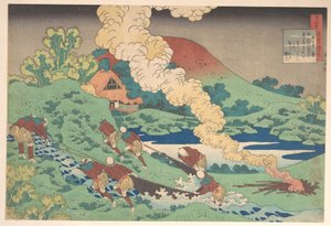 Kakinomoto Hitomaron runo, teoksesta ”Sata runoa, joita imettävä äiti selittää” (Hyakunin isshu uba ga etoki) tekijältä Katsushika Hokusai