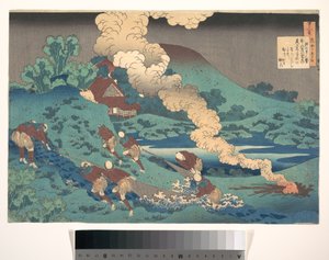 Kakinomoto Hitomaron runo, teoksesta ”Sata runoa, joita imettäjä selittää” (Hyakunin isshu uba ga etoki) tekijältä Katsushika Hokusai