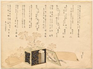 Kannettava lakka-piknik-kantovaunu ja kirsikankukkia tekijältä Katsushika Hokusai