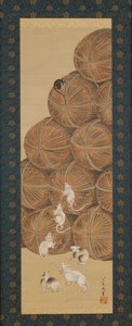 Rotat ja riisipaalit, Edo-kausi, 1843 (muste ja väri silkillä) tekijältä Katsushika Hokusai