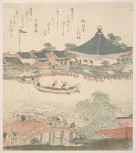 Jokimaisema, jossa etualalla on silta tekijältä Katsushika Hokusai