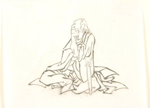 Istuva vanha mies, joka nojaa keppiin tekijältä Katsushika Hokusai
