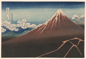 Shower Below the Summit (Sanka hakuu), sarjasta "Kolmekymmentäkuusi näkymää Fuji-vuorelle (Fugaku sanjurokkei)" tekijältä Katsushika Hokusai