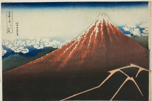 Shower Below the Summit (Sanka hakuu), sarjasta "Kolmekymmentäkuusi näkymää Fuji-vuorelle (Fugaku sanjurokkei)" tekijältä Katsushika Hokusai