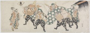 Kuusi miesjumalaa esittämässä leijonatanssia, 1797-1819 (värillinen puupalikkaprintti) tekijältä Katsushika Hokusai