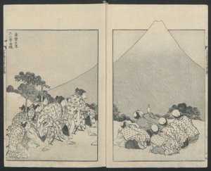 Liukuminen alas vasemmalle, Fujin avautuminen oikealle Sata näkymää Fuji-vuorelle, 1834. tekijältä Katsushika Hokusai