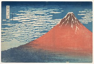 ”Etelätuuli, kirkas taivas” (Gaifū kaisei), tunnetaan myös nimellä ”Punainen Fuji”, sarjasta ”36 näkymää Fuji-vuoresta” (Fugaku sanjūrokkei) tekijältä Katsushika Hokusai